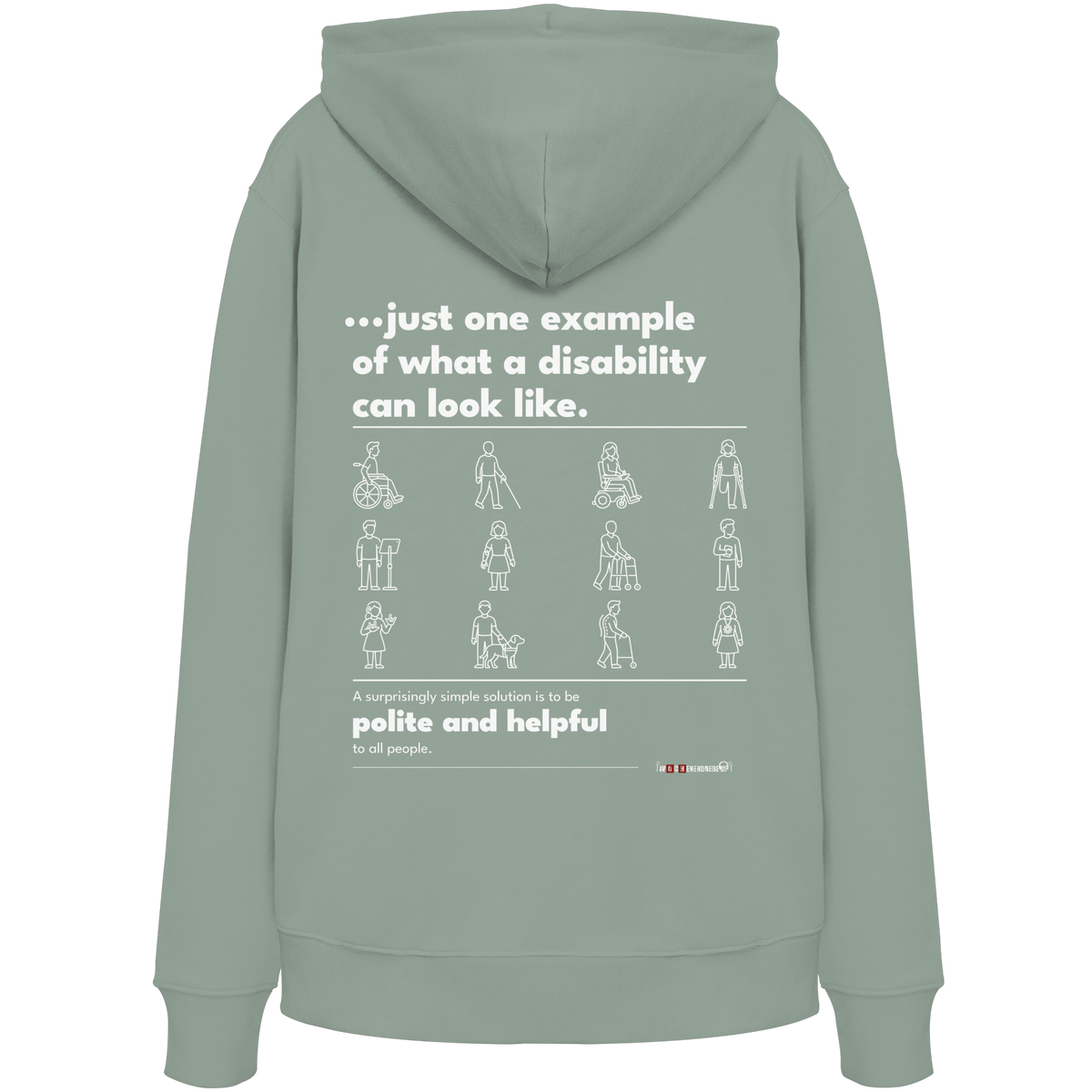 Bio-Hoodie „This is just one example“ in Aloe – Rückenprint „…just one example of what a disability can look like.“ mit Piktogrammen