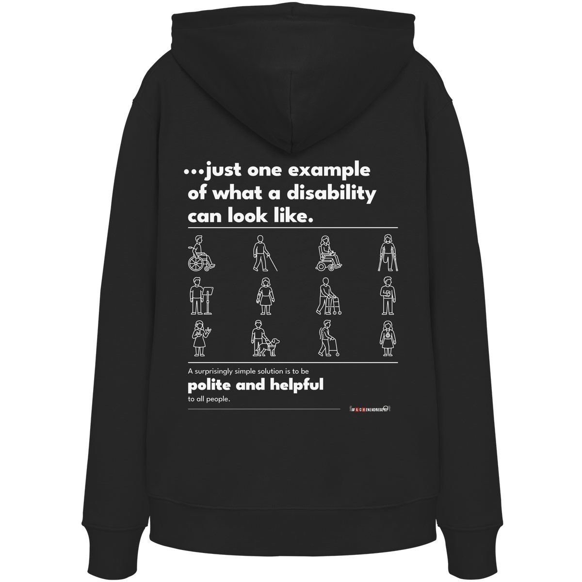 Bio-Hoodie „This is just one example“ in Black – Rückenprint „…just one example of what a disability can look like.“ mit Piktogrammen