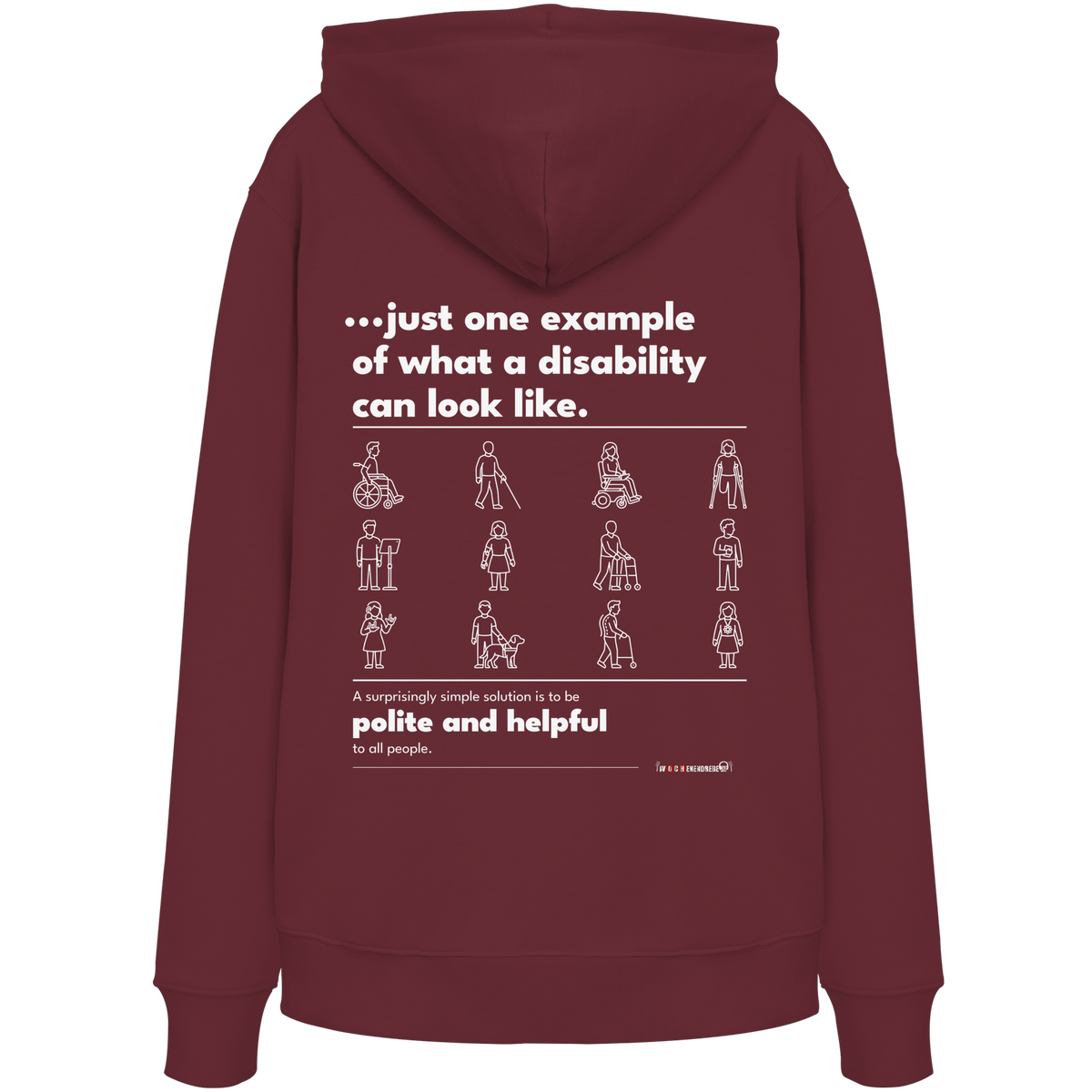 Bio-Hoodie „This is just one example“ in Burgundy – Rückenprint „…just one example of what a disability can look like.“ mit Piktogrammen