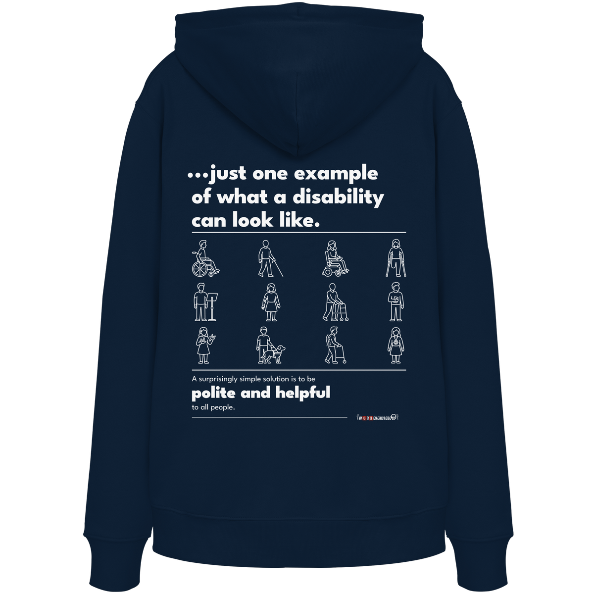 Bio-Hoodie „This is just one example“ in French Navy – Rückenprint „…just one example of what a disability can look like.“ mit Piktogrammen