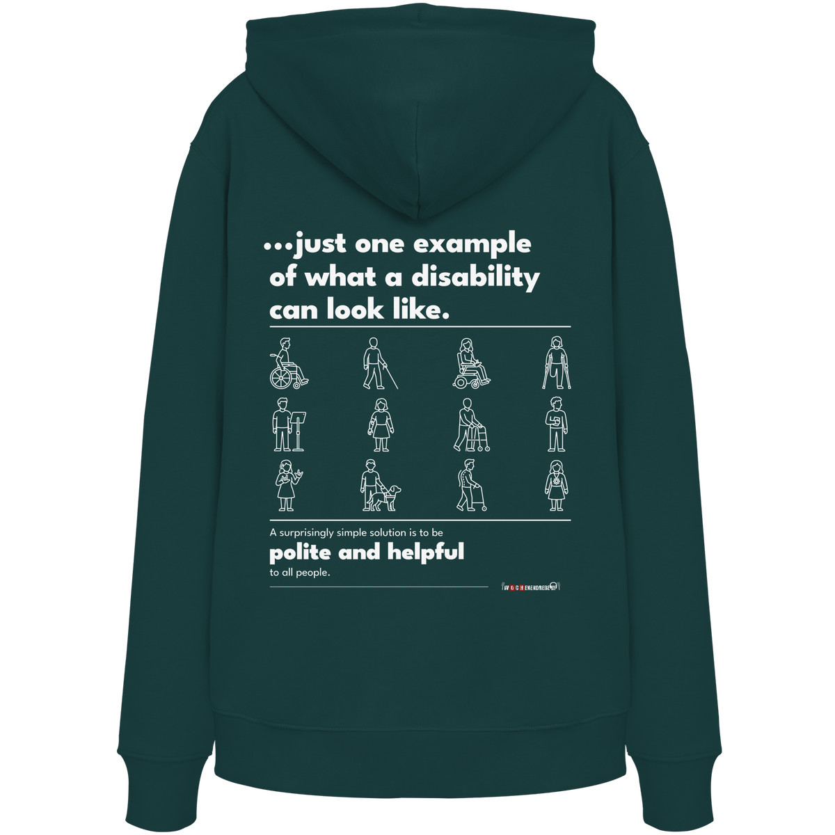 Bio-Hoodie „This is just one example“ in Glazed Green – Rückenprint „…just one example of what a disability can look like.“ mit Piktogrammen