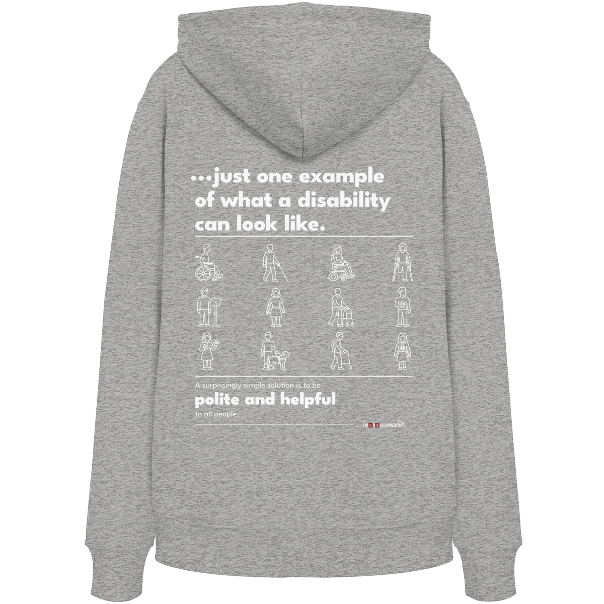 Bio-Hoodie „This is just one example“ in Heather Grey – Rückenprint „…just one example of what a disability can look like.“ mit Piktogrammen