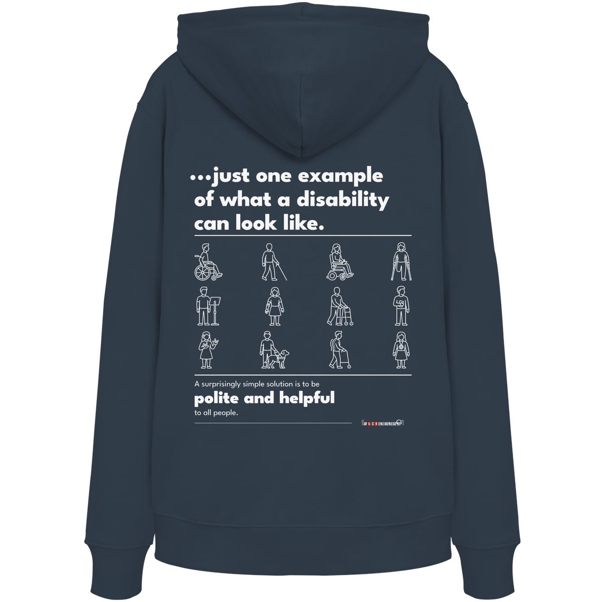Bio-Hoodie „This is just one example“ in India Ink Grey – Rückenprint „…just one example of what a disability can look like.“ mit Piktogrammen