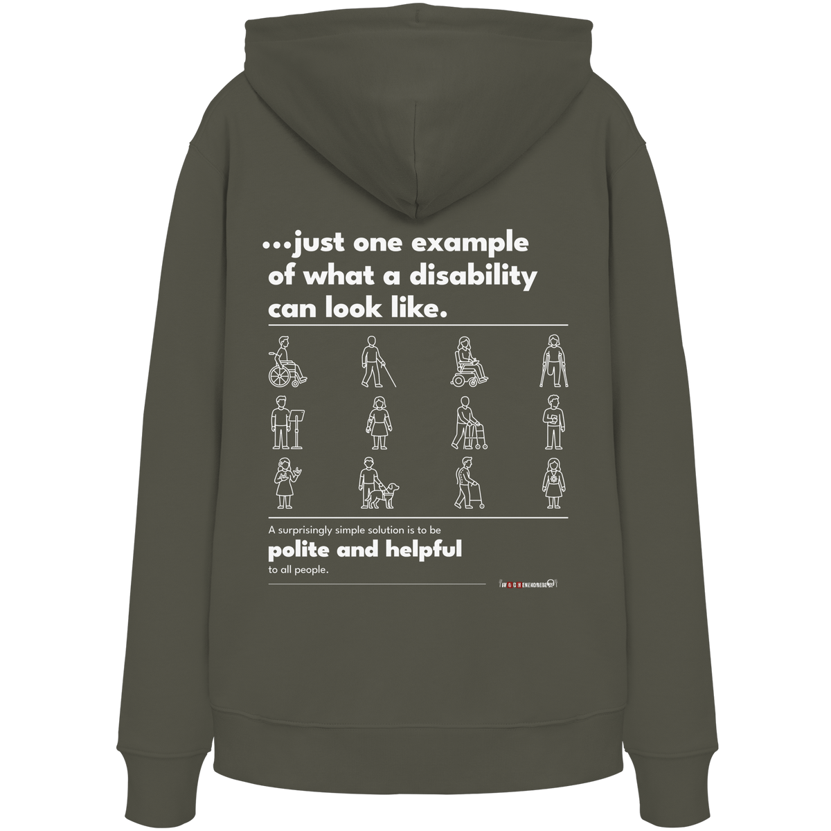 Bio-Hoodie „This is just one example“ in Khaki – Rückenprint „…just one example of what a disability can look like.“ mit Piktogrammen