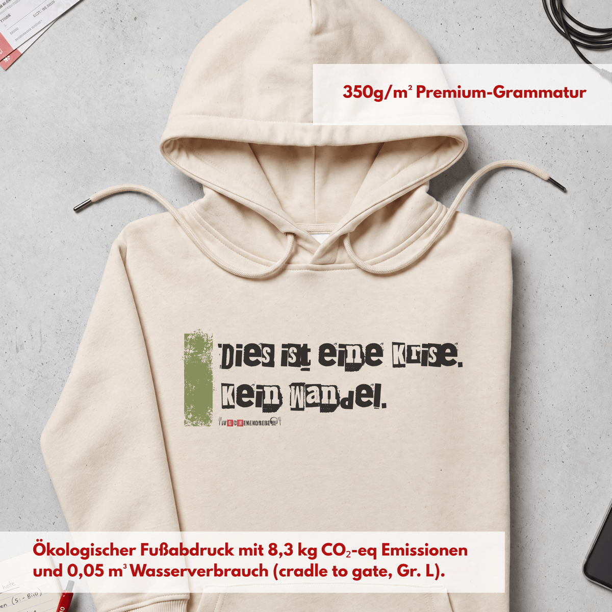 Bio-Hoodie „Klimawandel ≠ Klimakrise“ von den Wochenendrebellen in Natural Raw – Produktbild 9 von 11