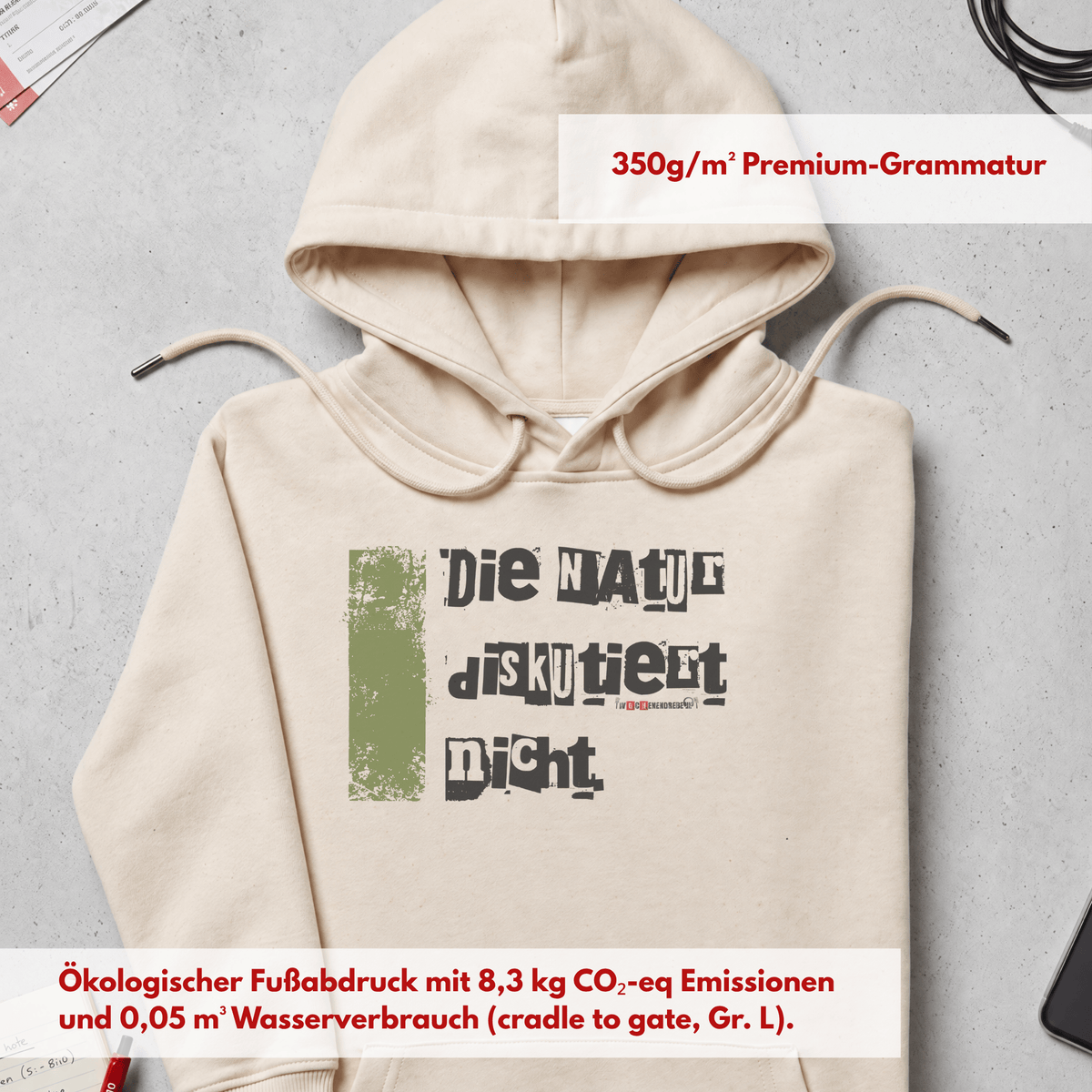Bio-Hoodie „Die Natur diskutiert nicht“ von den Wochenendrebellen in Natural Raw – Produktbild 8 von 11