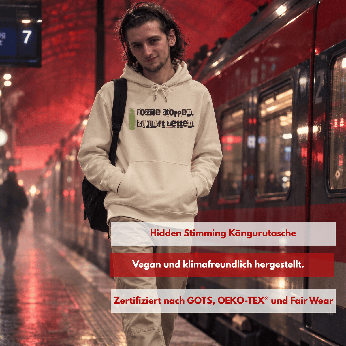Bio-Hoodie „Fossile stoppen, Zukunft retten“ von den Wochenendrebellen in Natural Raw – Produktbild 3 von 11