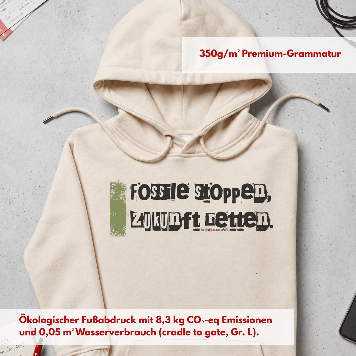 Bio-Hoodie „Fossile stoppen, Zukunft retten“ von den Wochenendrebellen in Natural Raw – Produktbild 7 von 11