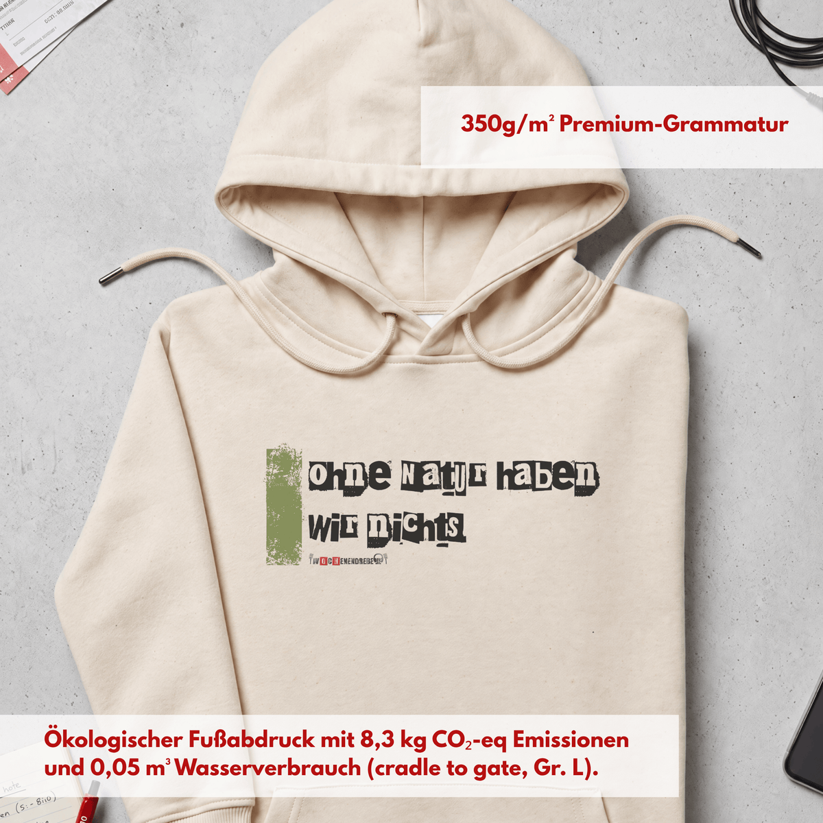 Bio-Hoodie „Ohne Natur haben wir nichts“ von den Wochenendrebellen in Natural Raw – Produktbild 8 von 12